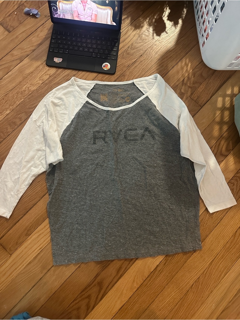 RVCA Gray and White Raglan Baseball Tee